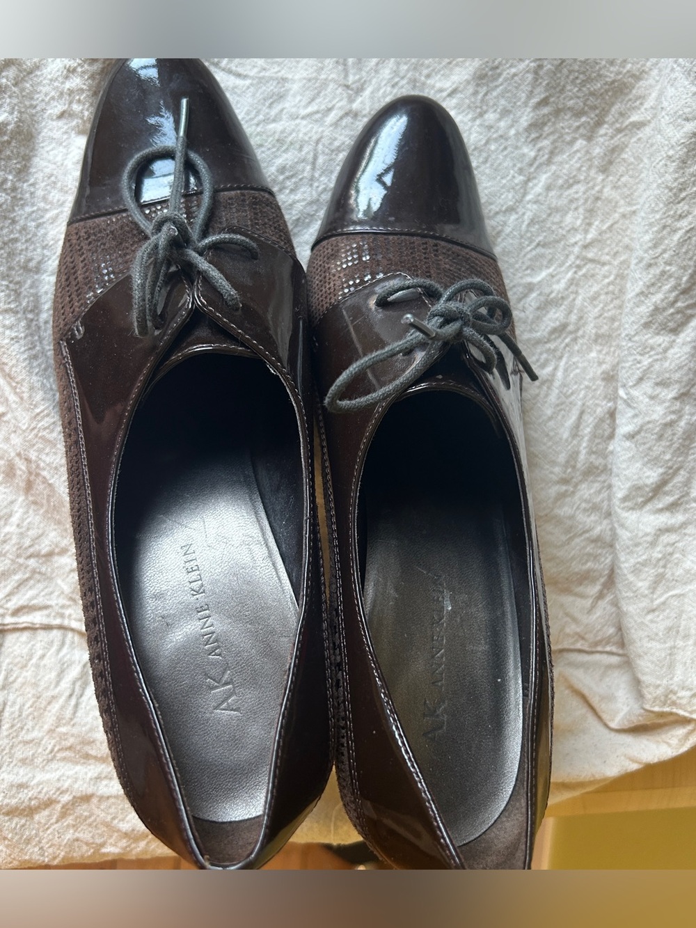 Anne Klein Dark Brown Patent Lace-Up Heeled Oxfords - Picture 2 of 4
